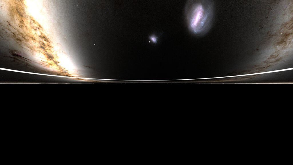 Simulated camera view near a black hole event horizon at 99.2 percent the speed of light, with starlight and the accretion disk compressed and brightened ahead