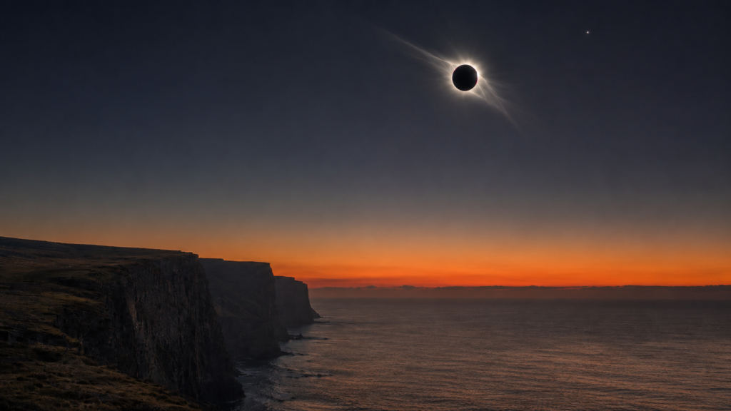 Illustration of a total solar eclipse over the cliffs of Latrabjarg in Iceland