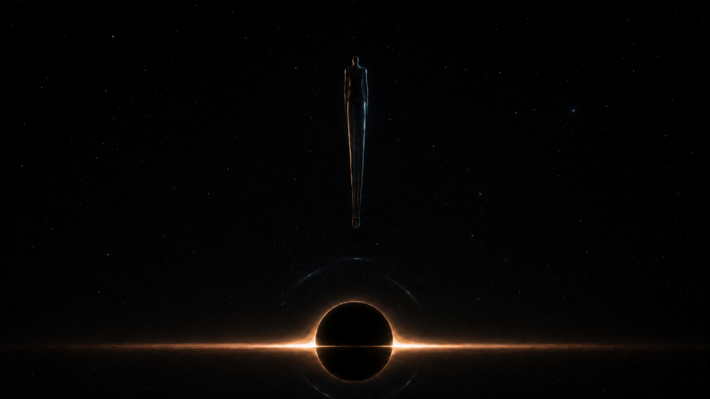Illustration of a human figure elongated by tidal forces as it falls toward a stellar mass black hole, a process physicists call spaghettification