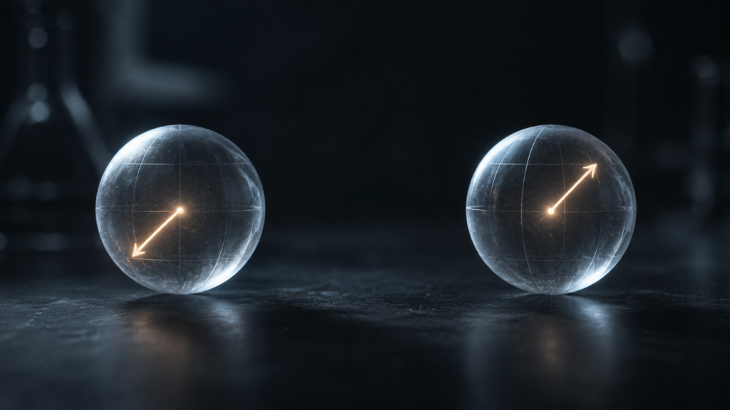  Two glass spheres representing entangled qubits, with internal arrows pointing in opposite directions, floating in a dark lab setting