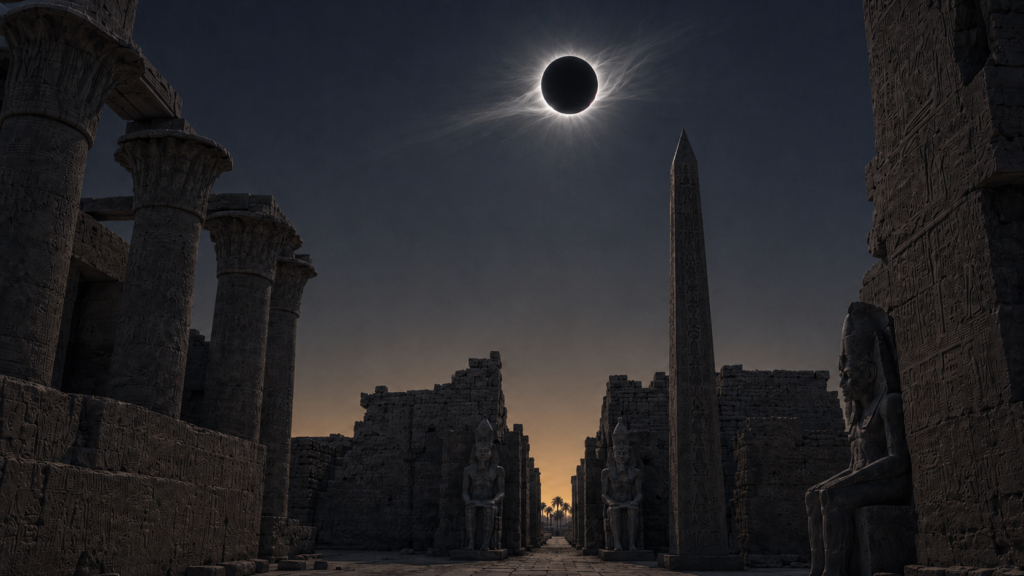 Illustration of a total solar eclipse above the temples of Luxor, Egypt