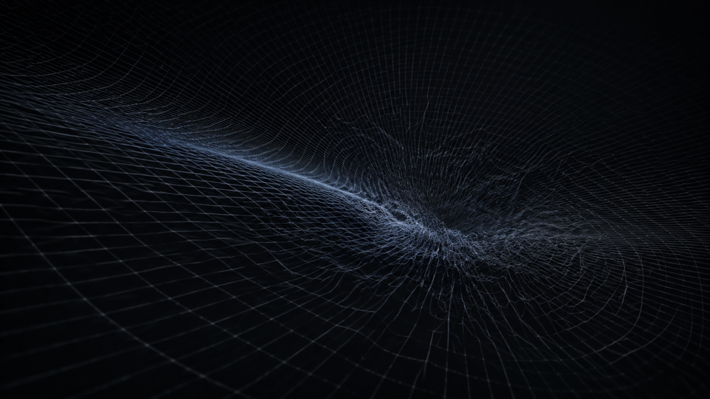 Abstract illustration of spacetime curvature breaking down near a black hole singularity, shown as a warped grid fraying into disorder at its center