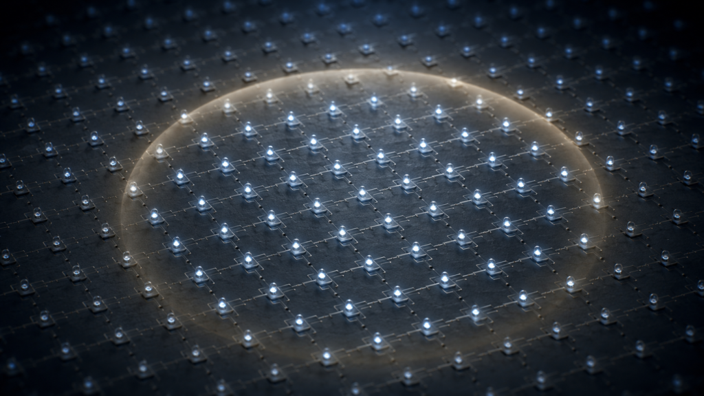 A lattice of physical qubits on a chip, with a glowing boundary enclosing a cluster that forms one logical qubit