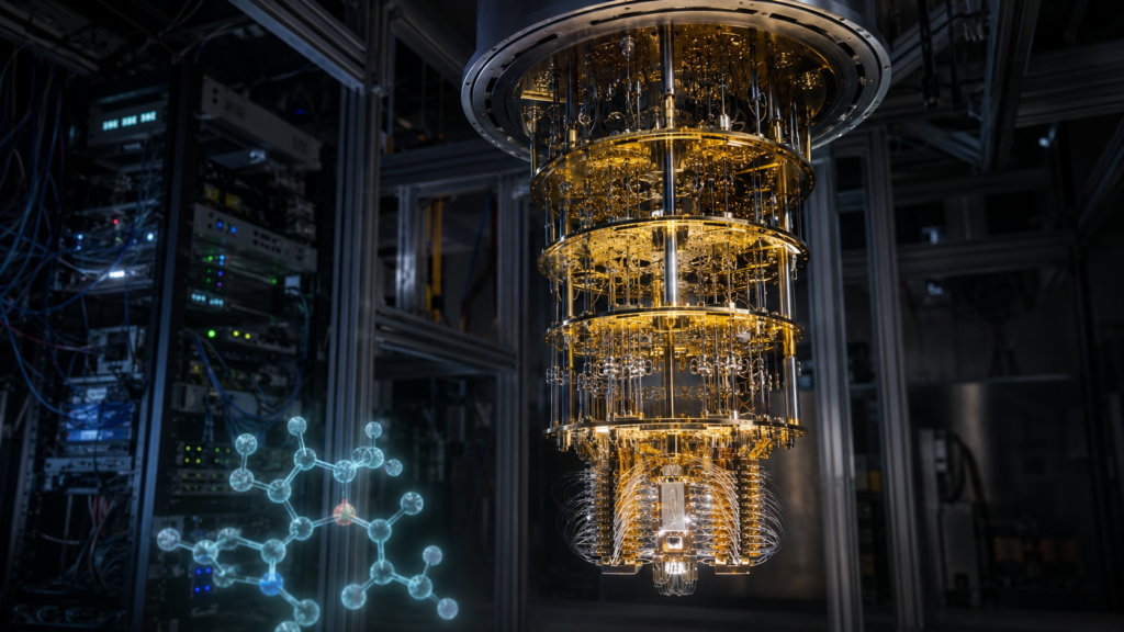  A quantum computing cryostat beside a glowing translucent molecular structure, representing hybrid quantum classical chemistry simulation