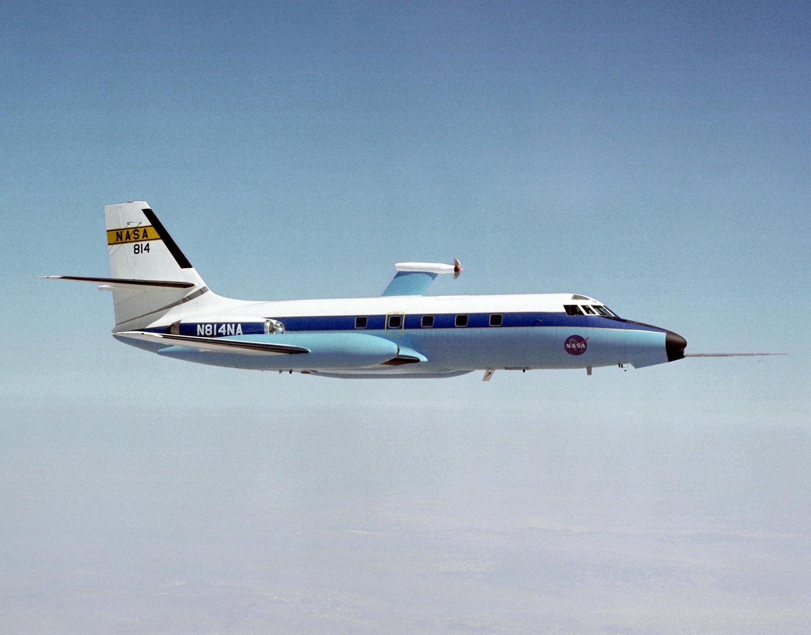 NASA C-140 JetStar testbed aircraft carrying an advanced turboprop propfan engine during 1981 flight research