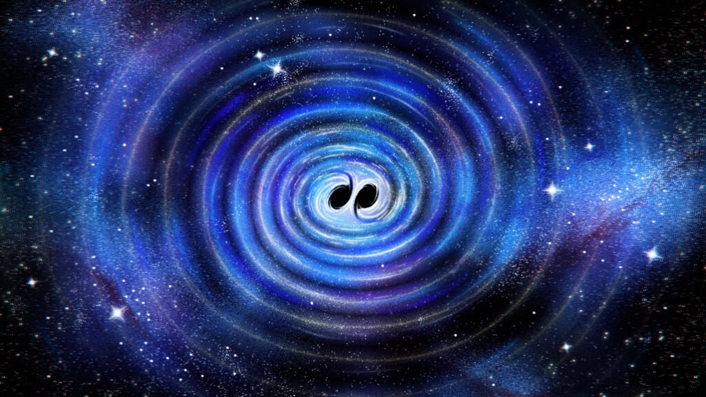 Artist depiction of two black holes colliding and merging, releasing gravitational waves
