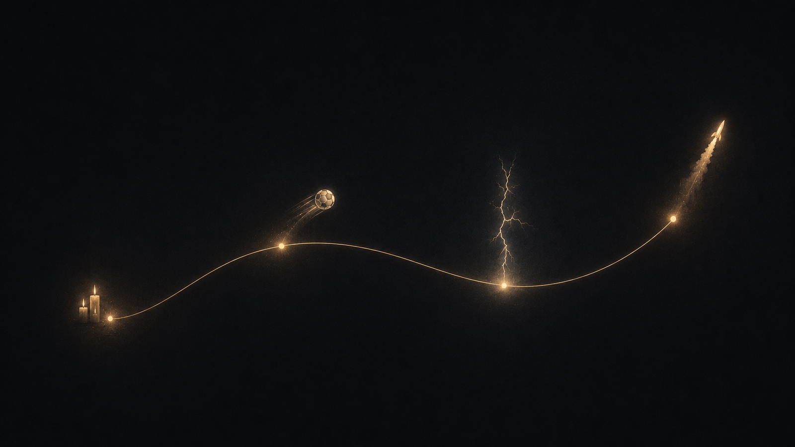 Four moments in a life, candles, a kicked ball, lightning, a rocket launch, connected by a single glowing thread representing a worldline through spacetime