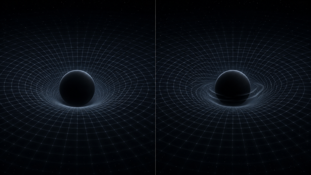 Side-by-side comparison diagram: a non-rotating mass bending spacetime into a smooth symmetric curve on the left, versus a rotating mass on the right showing the same curvature plus a tangential swirl in the spacetime grid near its equator, illustrating frame dragging