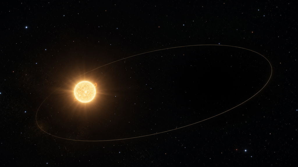 A Sun-like star tracing a wide elliptical orbit around an empty point in space, the invisible location of its dormant black hole companion