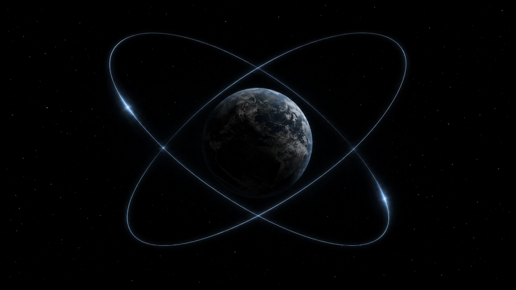 Diagram of two satellites, LARES-2 and LAGEOS, orbiting Earth in supplementary inclinations that add to 180 degrees, the geometry used to cancel the equatorial bulge error and isolate the frame-dragging signal