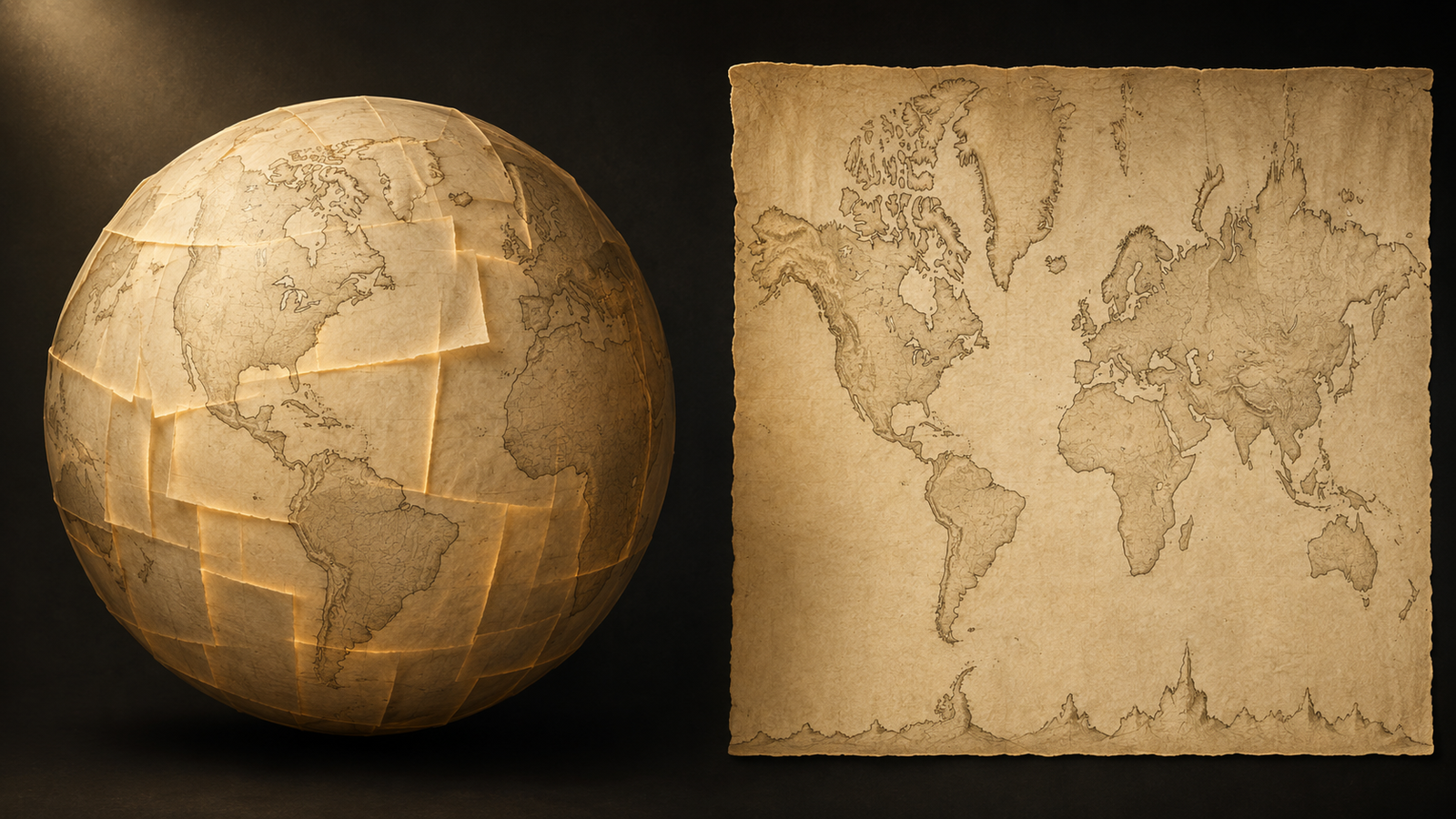 A globe wrapped in overlapping parchment map patches beside a single flattened, distorted world map
