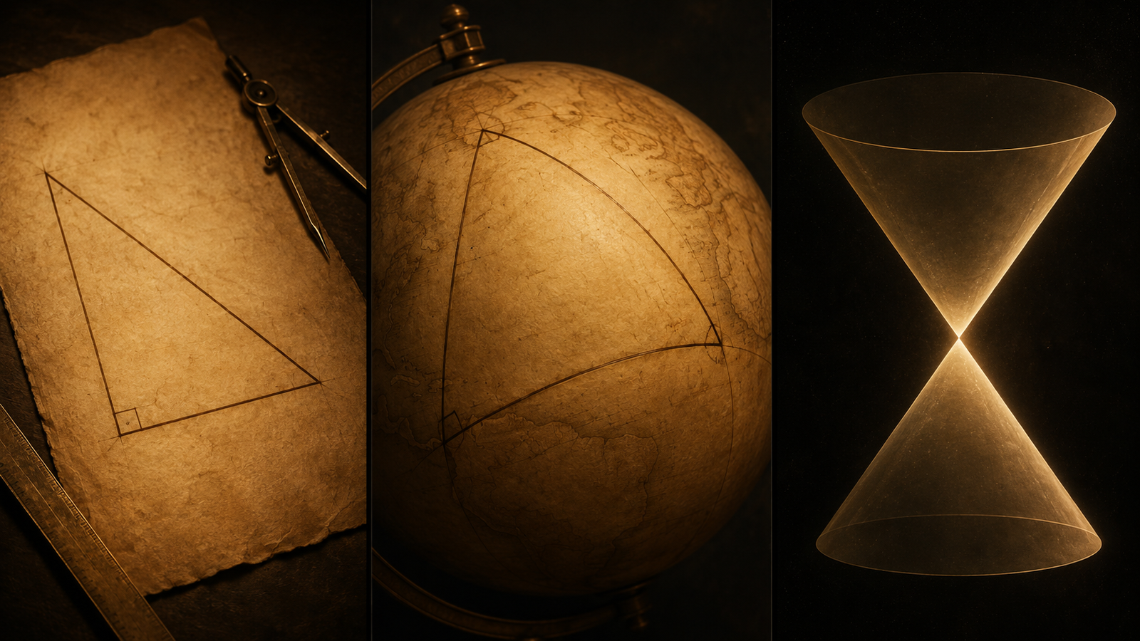 Three panels: a right triangle on flat paper, the same triangle drawn on a globe with curved sides, and a light cone formed by two cones meeting at a point