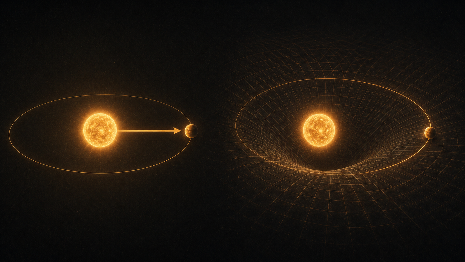 A planet orbiting a star with a force arrow drawn between them, beside the same orbit shown as a path following a curved spacetime grid with no arrow
