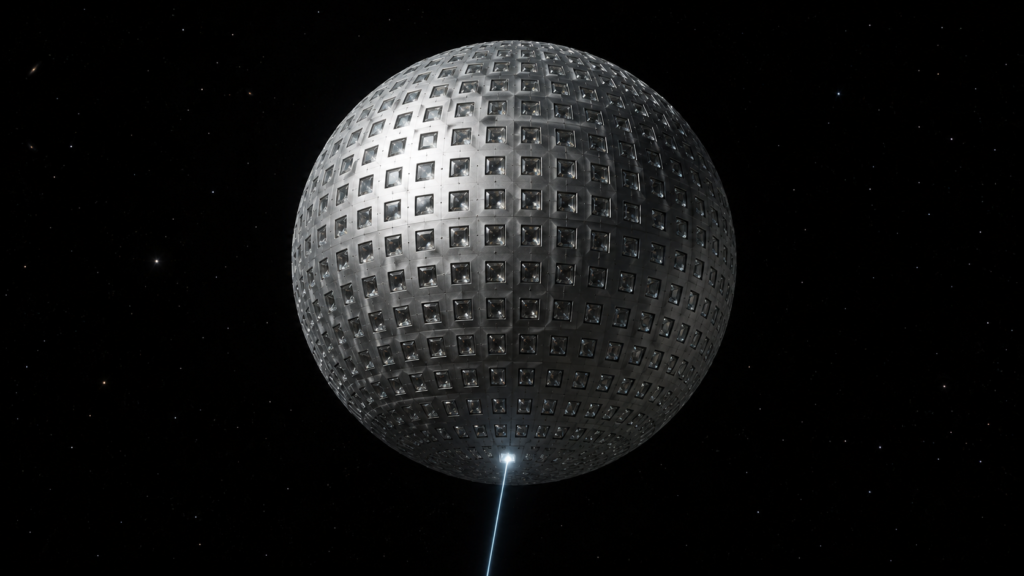 The LARES-2 satellite as a polished metal sphere covered in retroreflectors, with a laser beam arriving from below