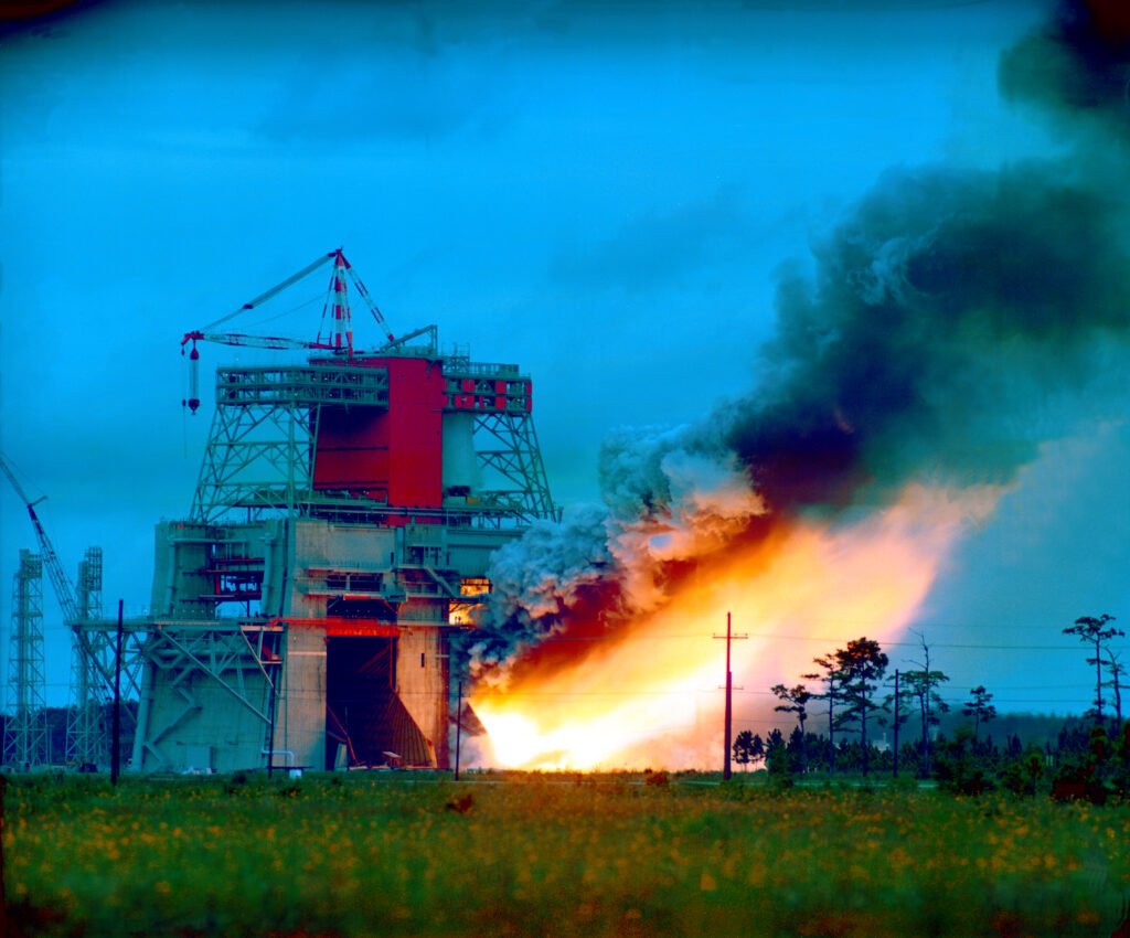 Static test firing of five F-1 engines on the Saturn V S-IC first stage