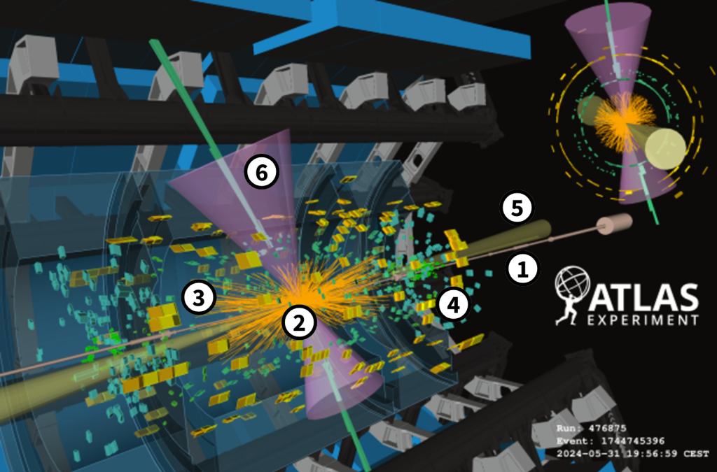 Labelled ATLAS event display showing a Higgs boson decay in particle physics