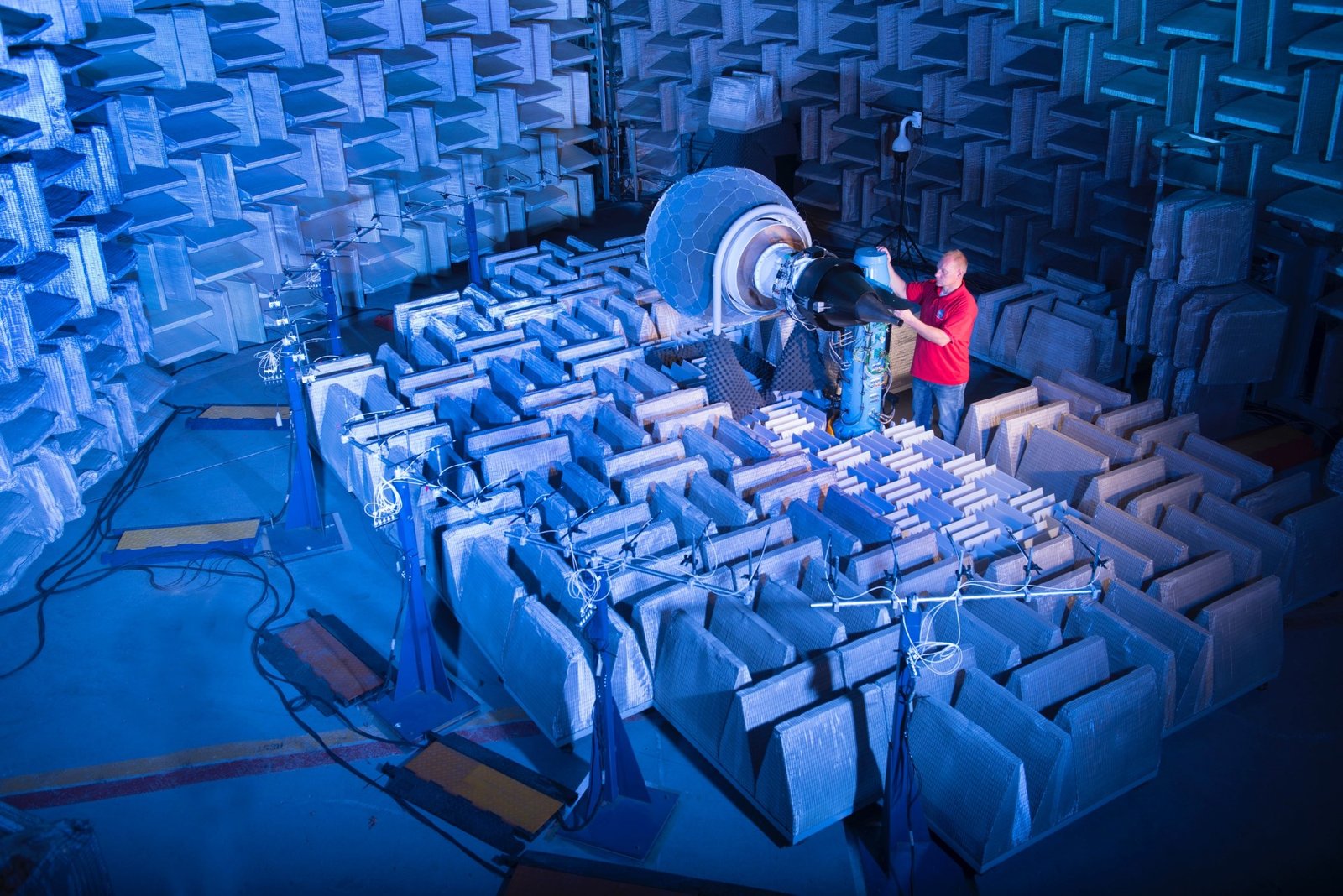 A small high bypass turbofan research engine, the NASA DART engine, inside a soundproofed test chamber