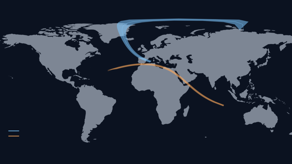 Map showing the true path and width of the 2026 and 2027 solar eclipse across the Arctic, Iceland, Spain, North Africa, and Egypt