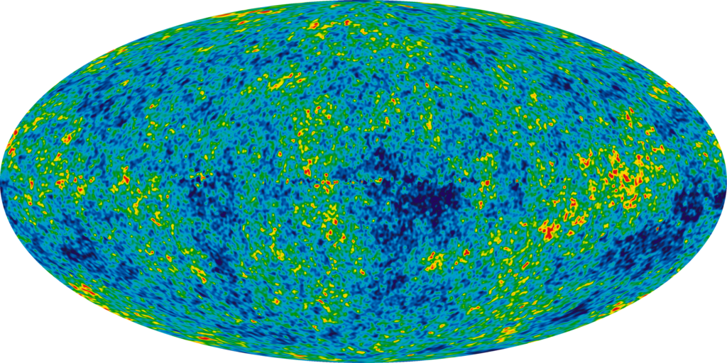 Full sky map of the cosmic microwave background showing tiny temperature fluctuations in blue green yellow and red