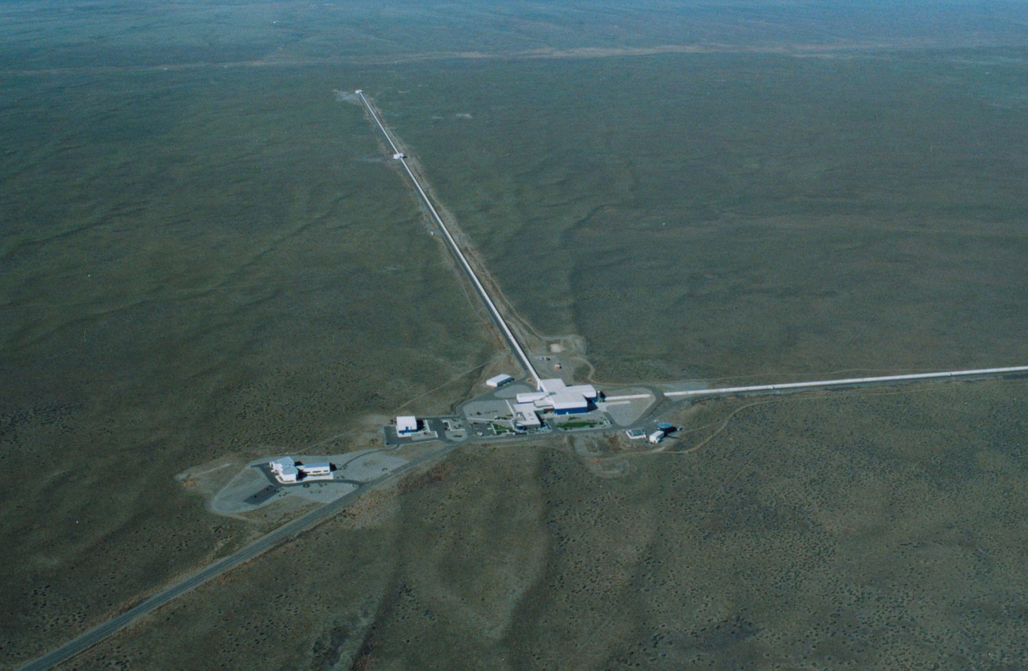 Aerial photo of the LIGO Hanford Observatory in Washington State, showing its two long perpendicular arms used to detect gravitational waves