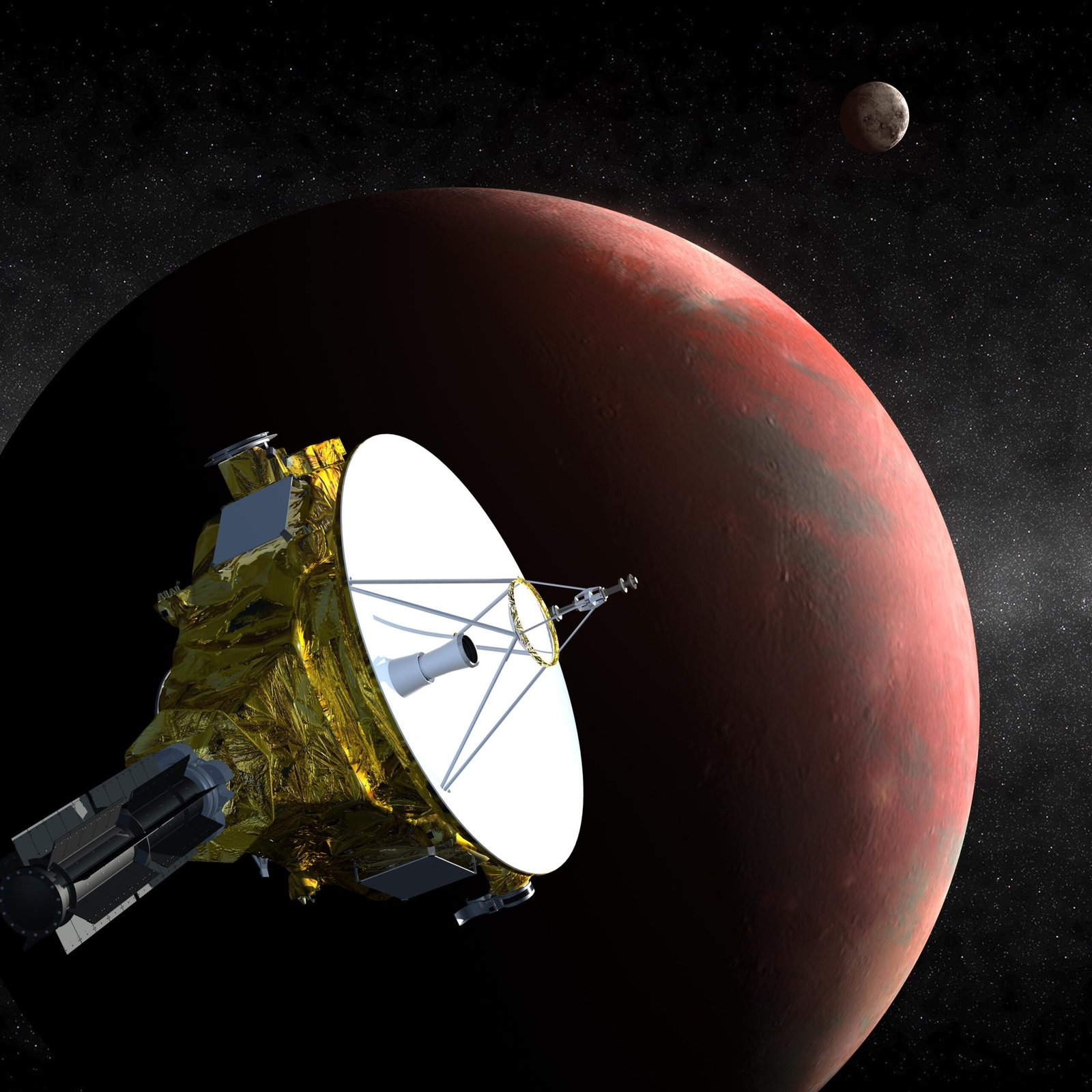Artist concept of the New Horizons spacecraft in deep space approaching Pluto and its moon Charon