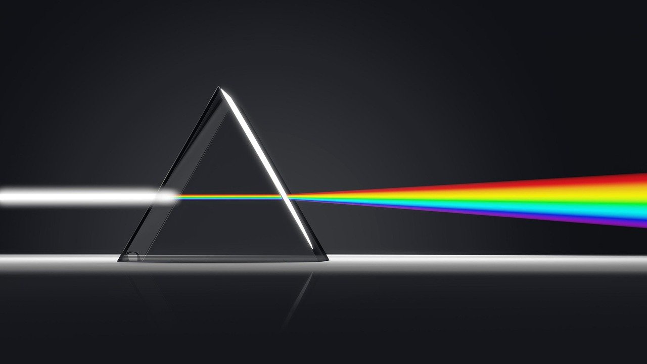 A glass prism separating white sunlight into a visible spectrum of colors