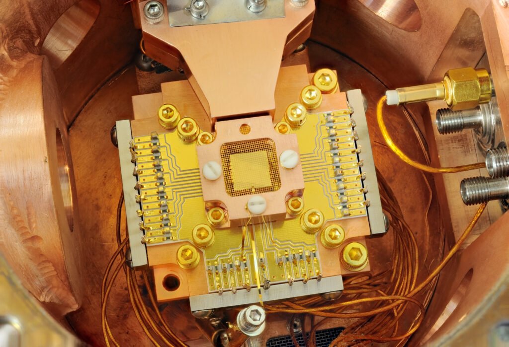 NIST ion trap apparatus used to hold and control individual charged atoms for quantum experiments