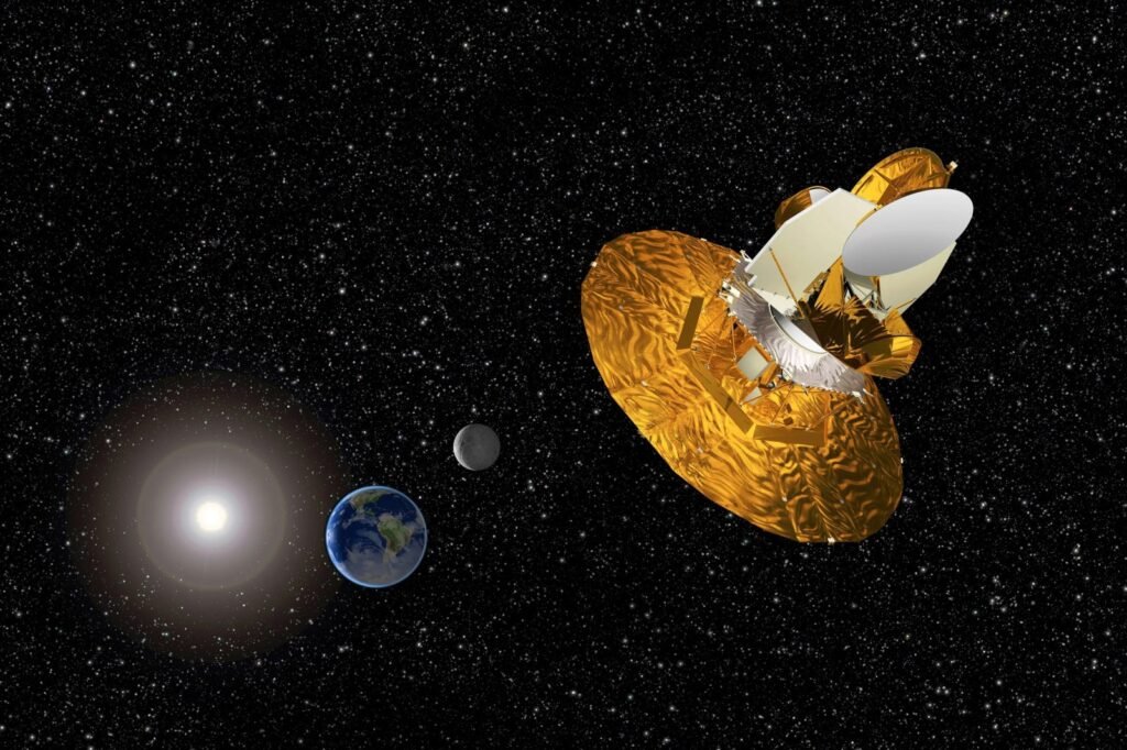 Illustration of the WMAP space observatory with a gold sunshield and dish antenna against a starfield