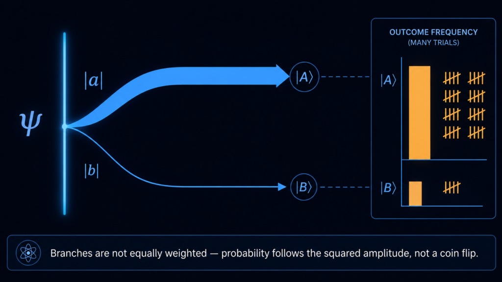 Diagram of branch weights: a wave function splitting into two unequally sized branches, with a tally of outcome frequencies over many trials matching the squared amplitude of each branch