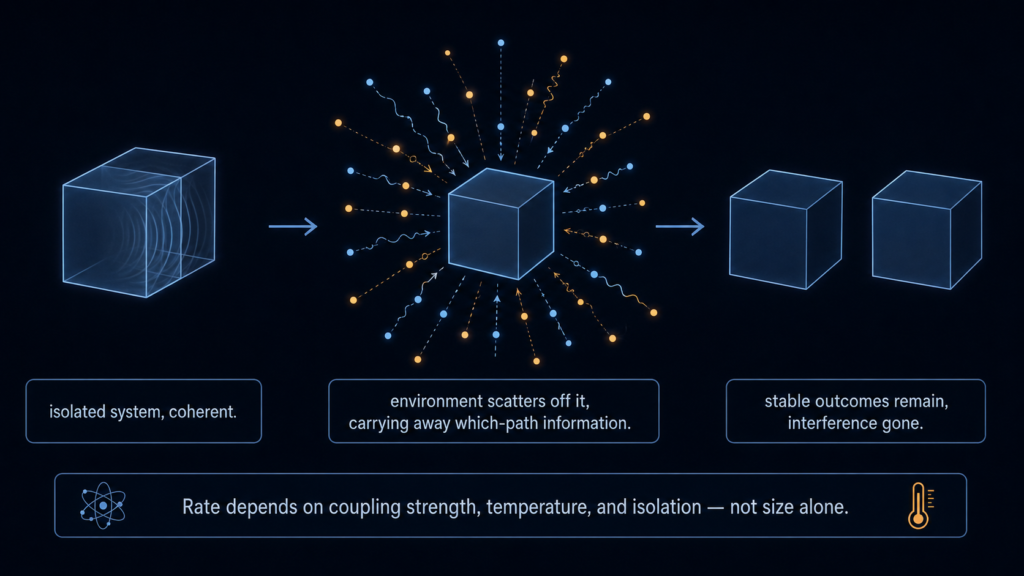 Diagram of decoherence: an isolated system stays coherent, then environment particles scatter off it and carry away information, leaving only stable separated outcomes