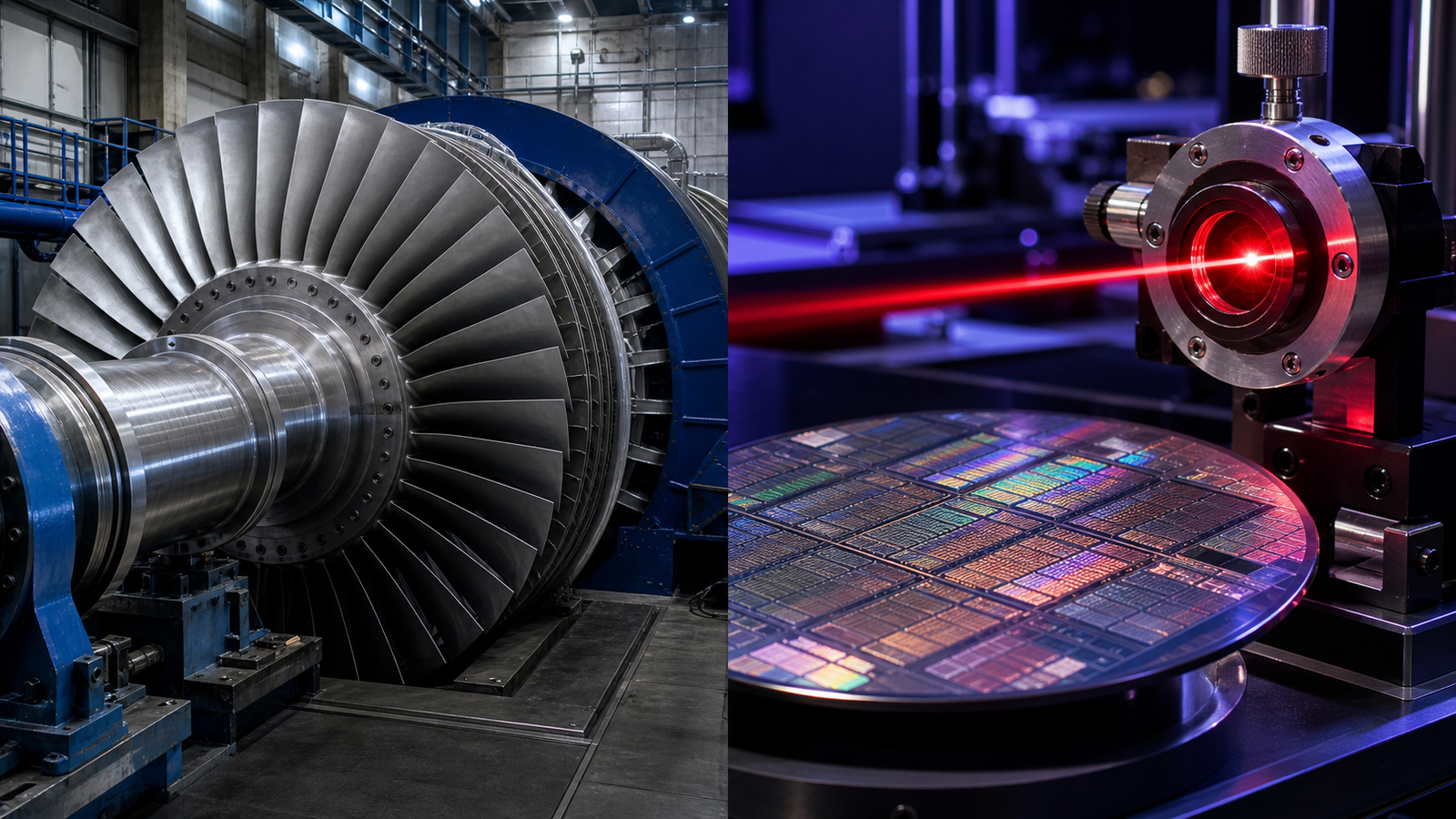 Split technology image showing a large industrial turbine beside a silicon wafer and laser optical assembly