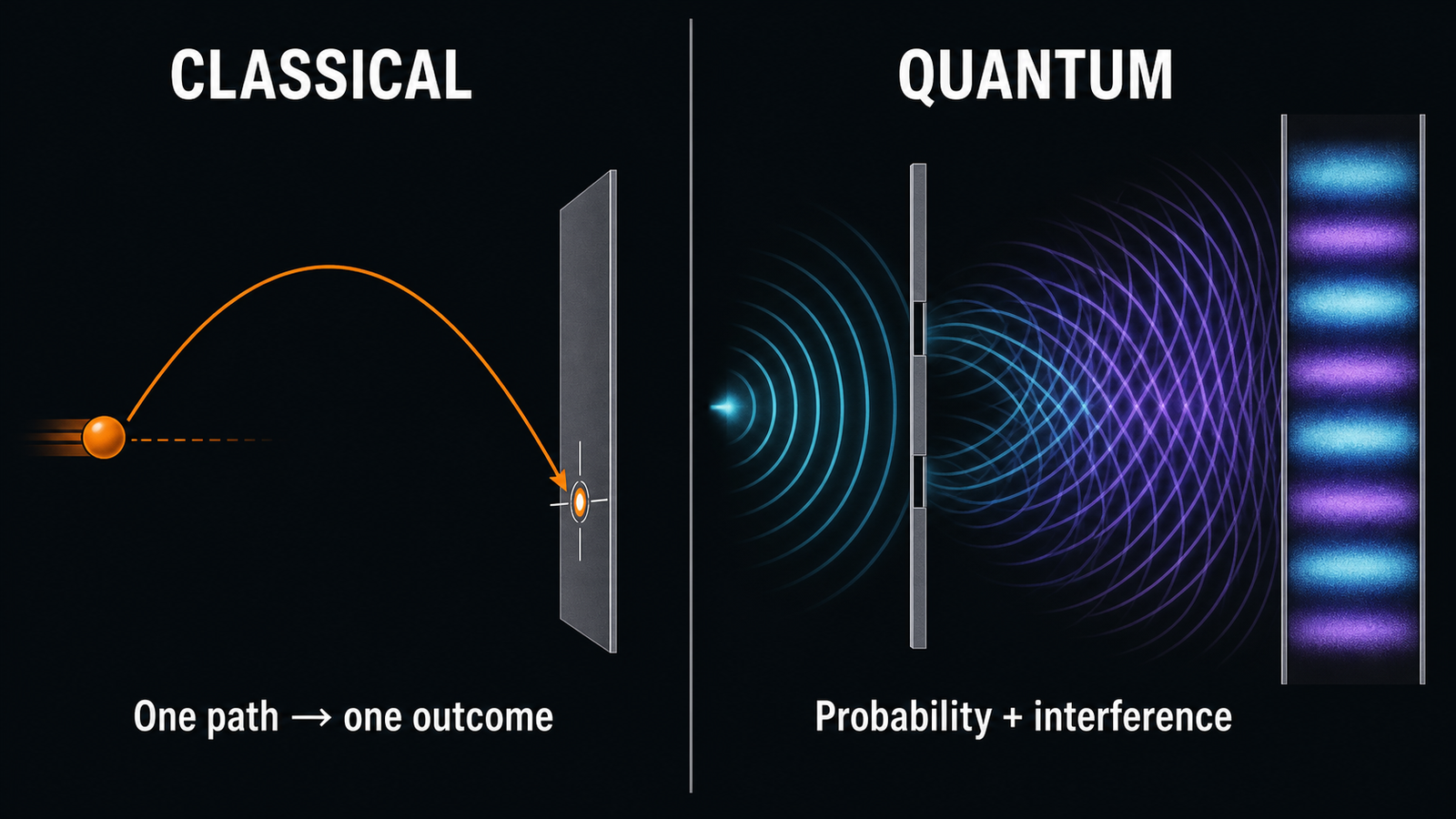 Classical and quantum physics compared: one deterministic trajectory versus a two-slit interference probability pattern
