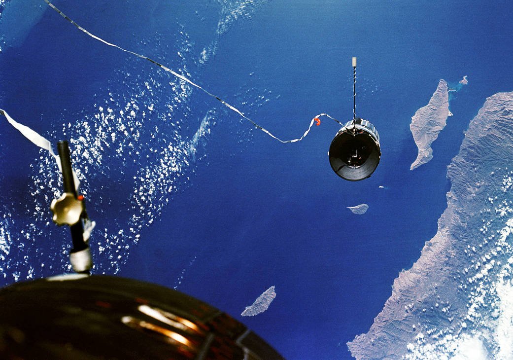 Gemini XI tethered to an Agena target vehicle on September 14 1966, the first crewed demonstration of generating artificial gravity through rotation