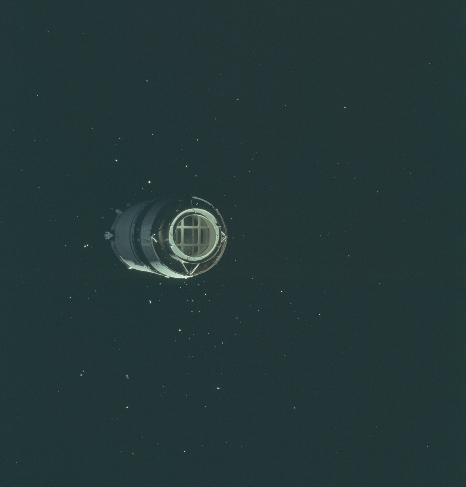 The Apollo 8 S-IVB third stage and Lunar Module Test Article photographed shortly after translunar injection separation